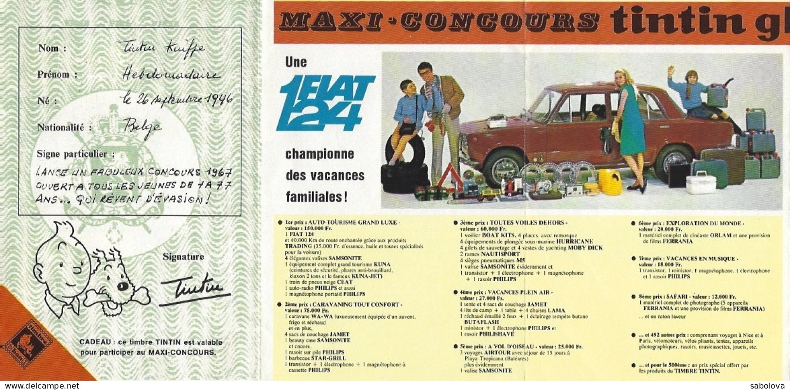 TINTIN 1967 Passeport Royaume De Belgique Maxi Concours Globe-trotter Avec Timbre  Tintin - Objets Publicitaires