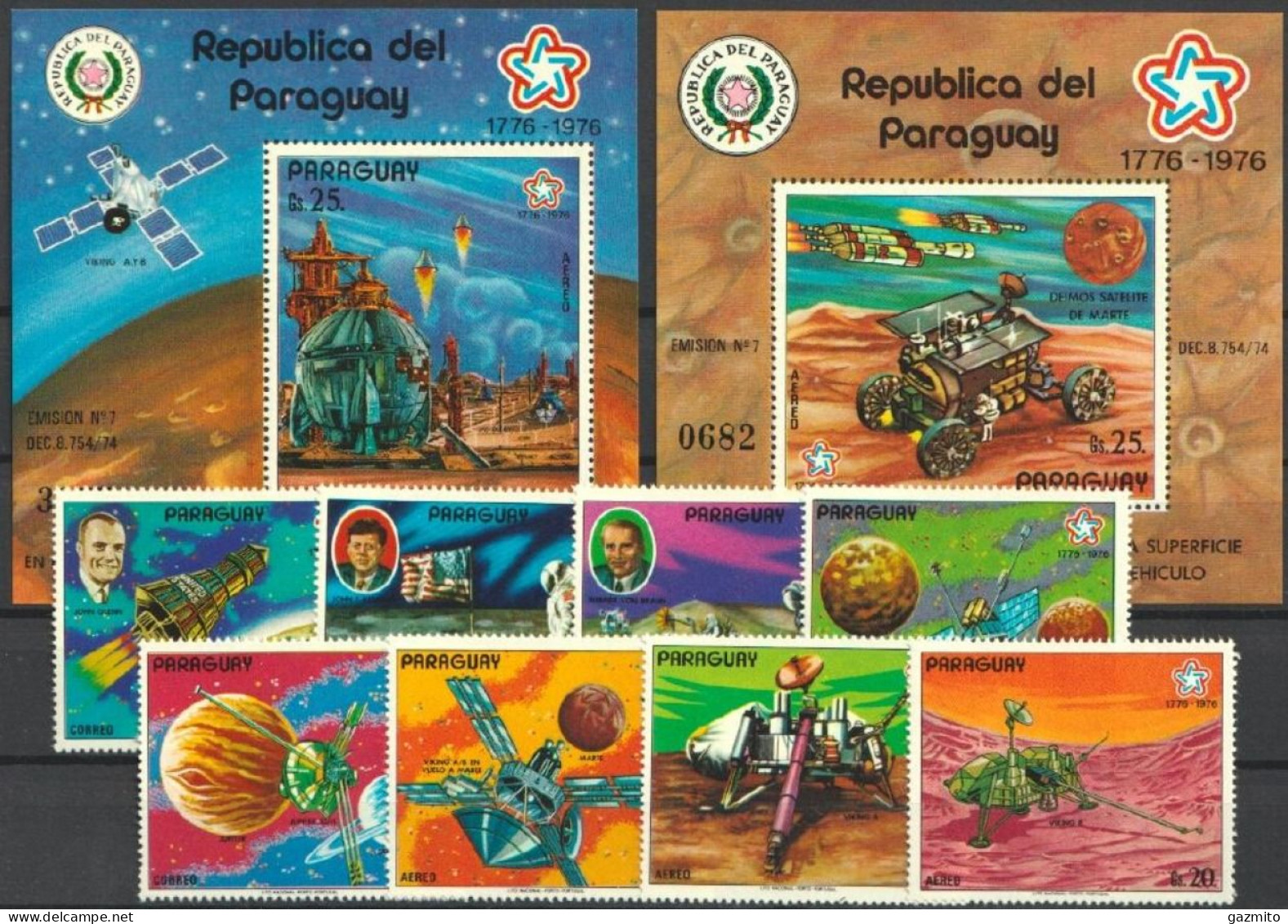 Paraguay 1976, 200th Independence USA, Landing On The Moon,Kennedy, 8val +BF - Unabhängigkeit USA