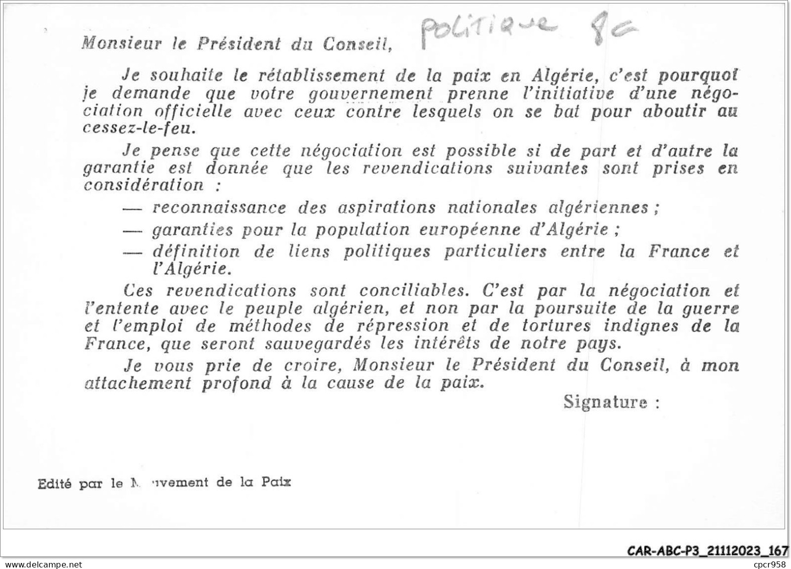 CAR-ABCP3-0267 - POLITIQUE - MONSIEUR LE PRESIDENT DU CONSEIL DES MINISTRES - HOTEL MATIGNON - Unclassified