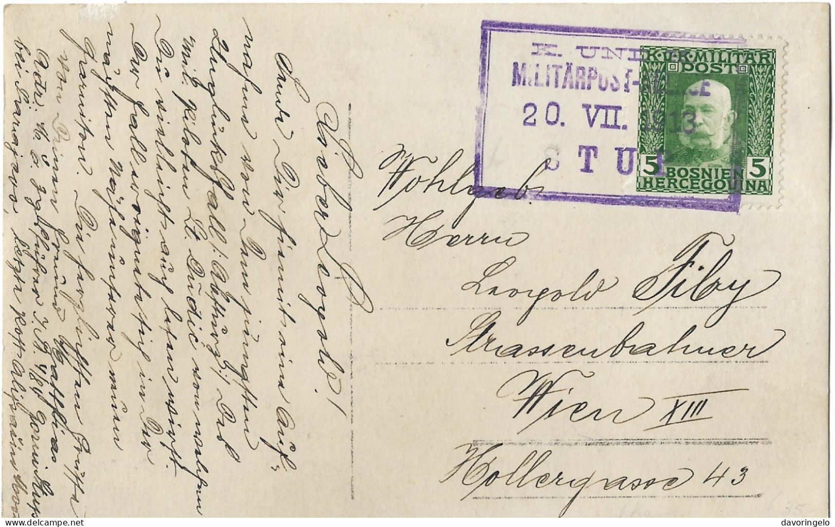 Bosnia-Herzegovina/Austria-Hungary, Picture Postcard-year 1913, Auxiliary Post Office/Ablage STUP, Type B1 (VIOLET) - Bosnia And Herzegovina