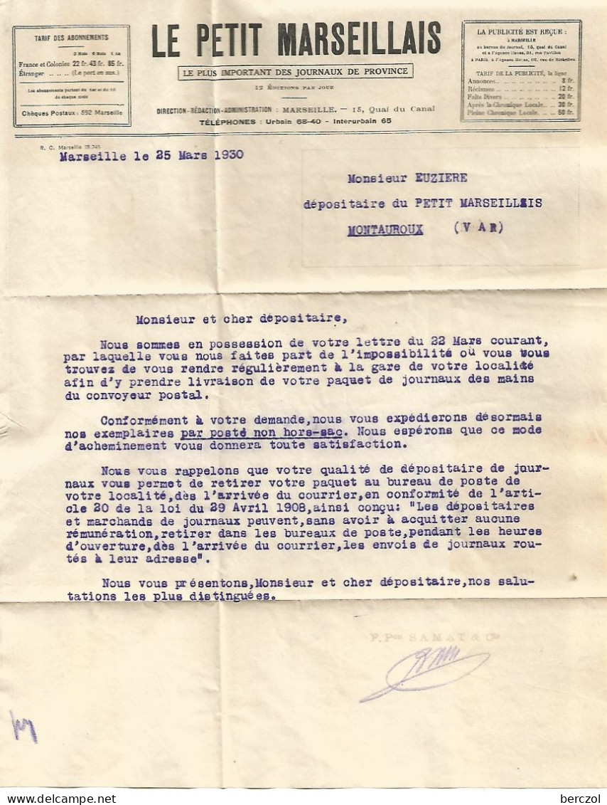 FRANCE ANNEE 1924/1932 N°199 PERFORE PM LE PETIT MARSEILLAIS 25 III 1930 + CORRESPONDANCE TB  - Briefe U. Dokumente
