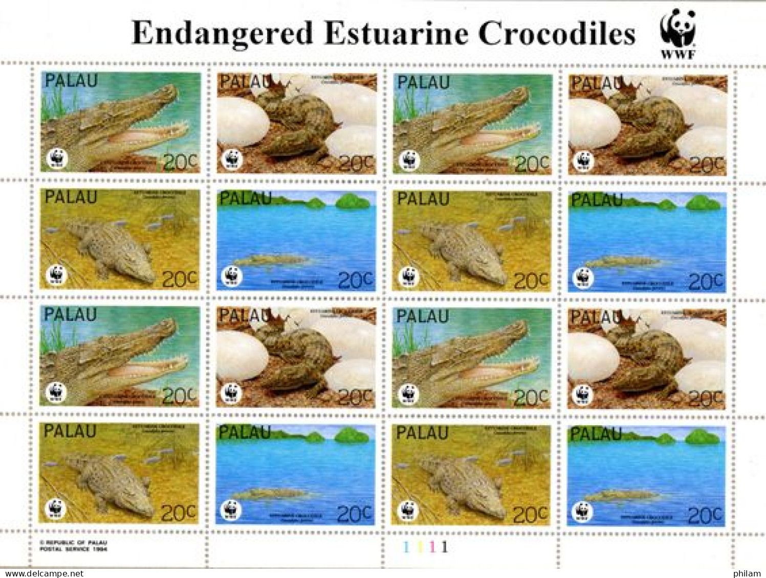 PALAU 1994 -  W.W.F. -crocodiles Estuarine - Feuillet - Palau