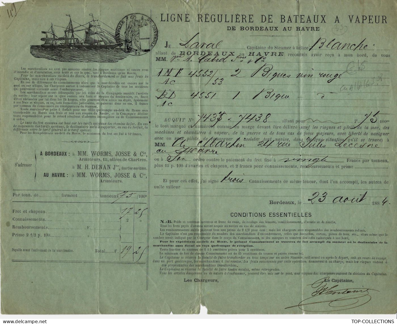 1884 CONNAISSEMENT BILL OF LADING Ligne Régulière De Bateaux à Vapeur De Bordeaux  Pour Le Havre  Barriques Vin  V.SCANS - 1800 – 1899