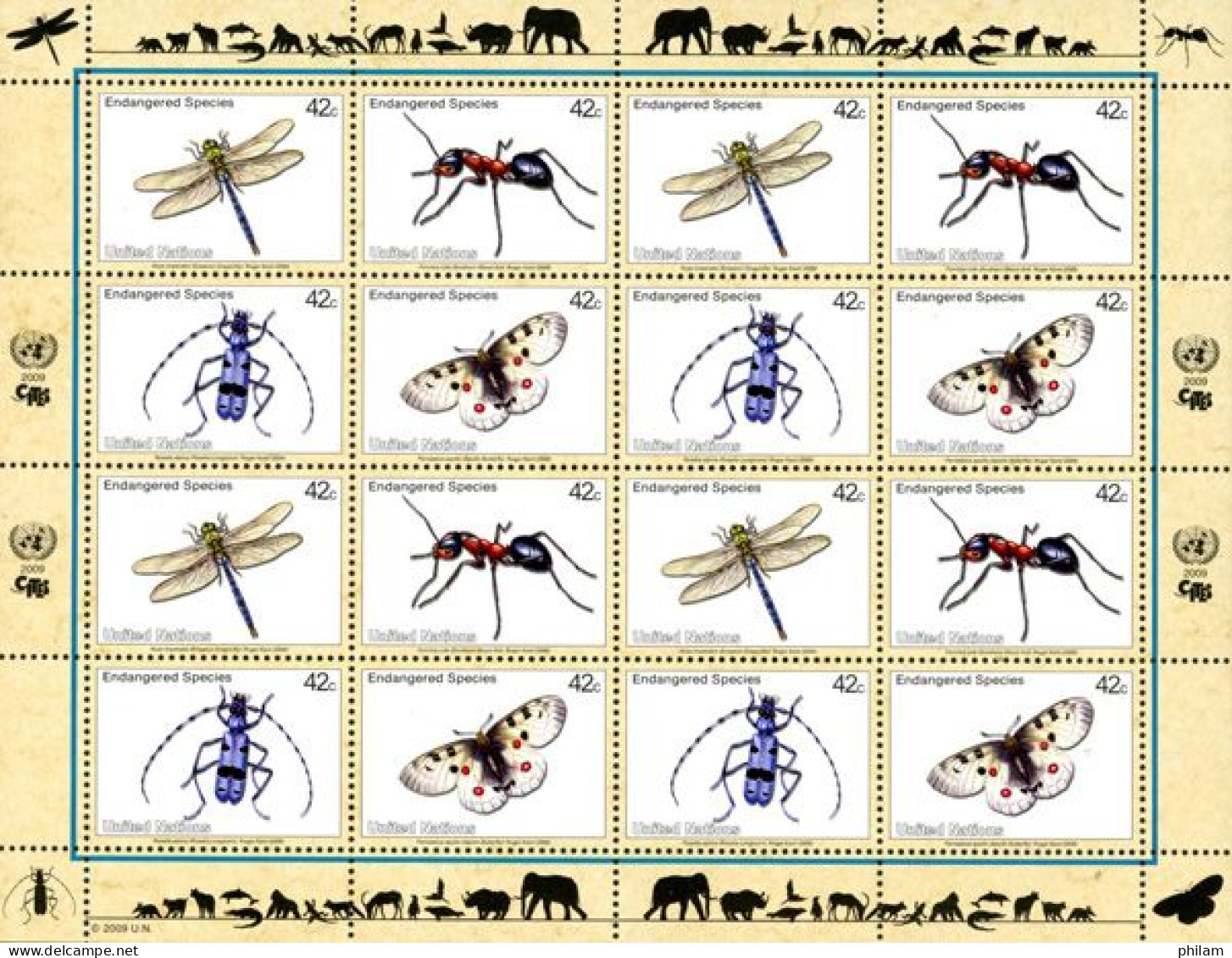 O.N.U. New York 2009 - Espèces Menacées - Insectes - Feuillet De 4 X 4 V. - Andere & Zonder Classificatie