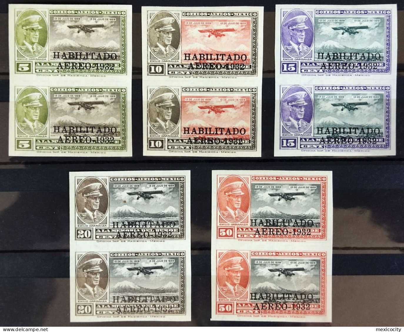 MEXICO PILOT CARRANZA 1932 Ovpt. Scott C40a-C44a IMPERF. VERT. PAIRS, Mint Hinged, Rare Thus - Mexico