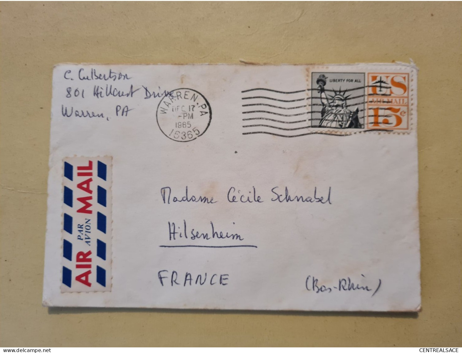 Lettre USA WARREN PA POUR HILSNHEIM 1965 BY AIR MAIL - Other & Unclassified