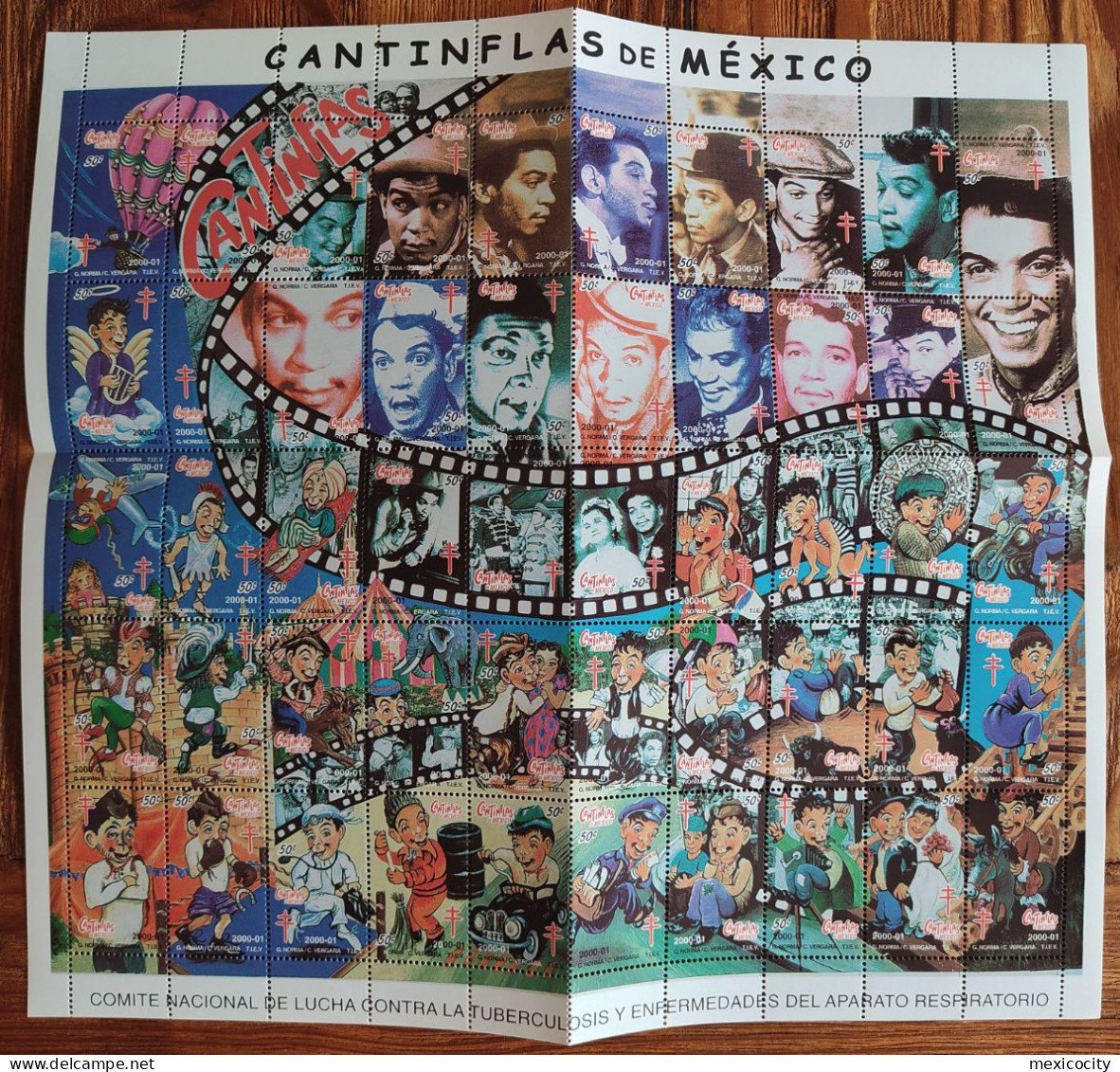 MEXICO - CANTINFLAS Comic & Film Actor - NEATLY FOLDED IN 4 -FULL PANE 50 Diff. Surtax Stamps, Nice & Bargain Priced! - México