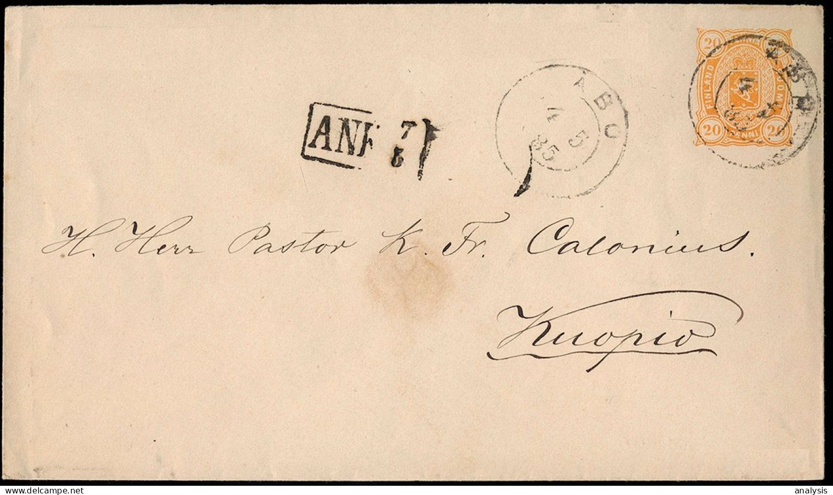 Finland Abo Turku 20P Postal Stationery Cover Mailed To Kuopio 1885. Russia Empire - Storia Postale