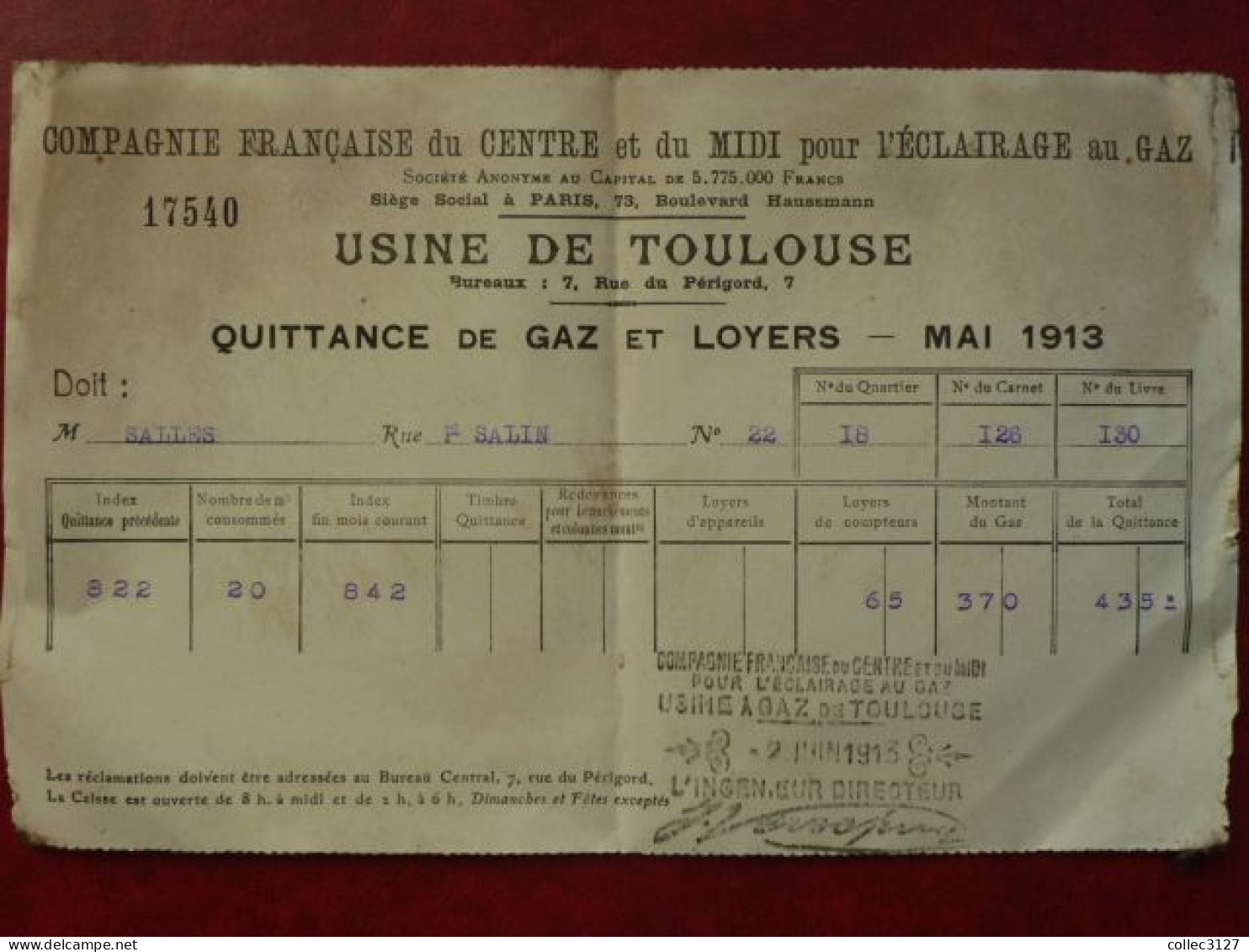 LF1 - Quittance De Gaz Et Loyers - Mai 1913 - Usine De Toulouse (Cie Faise Du Centre Et Du Midi Pour L'eclairage Au Gaz) - 1900 – 1949