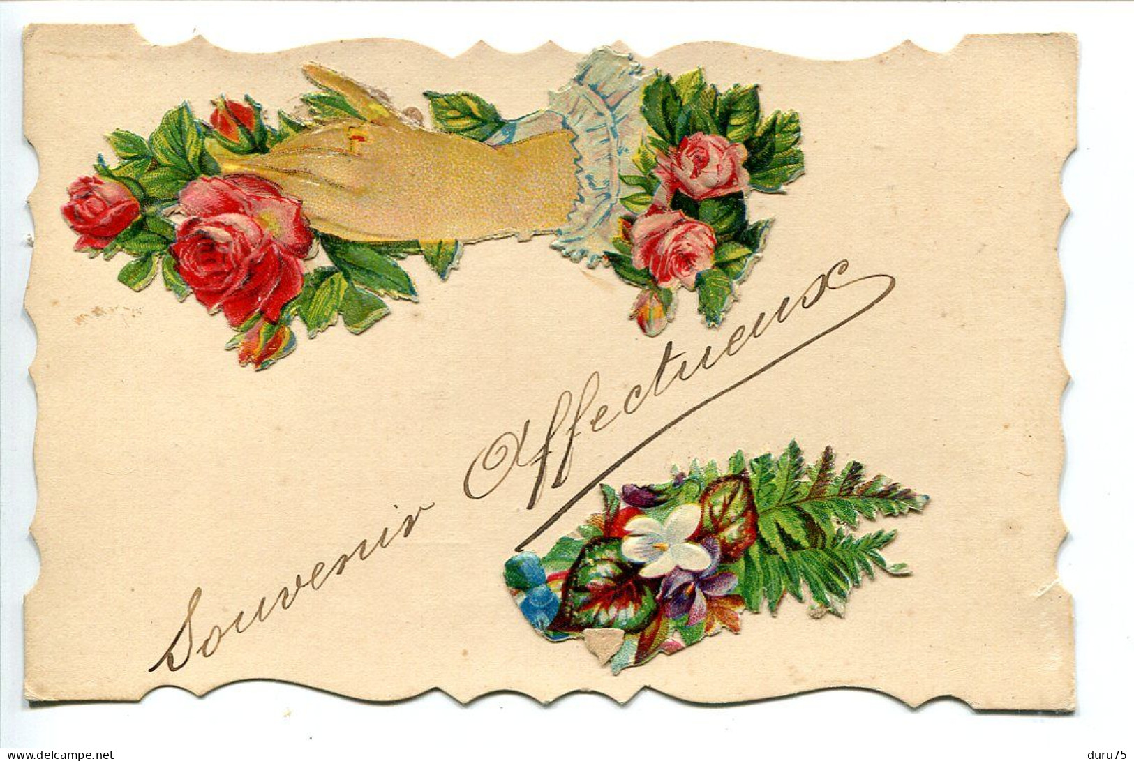 CPA Souvenir Affectueux * Ajoutis Découpis Chromo Main Bouquet Fleurs Roses - Autres & Non Classés