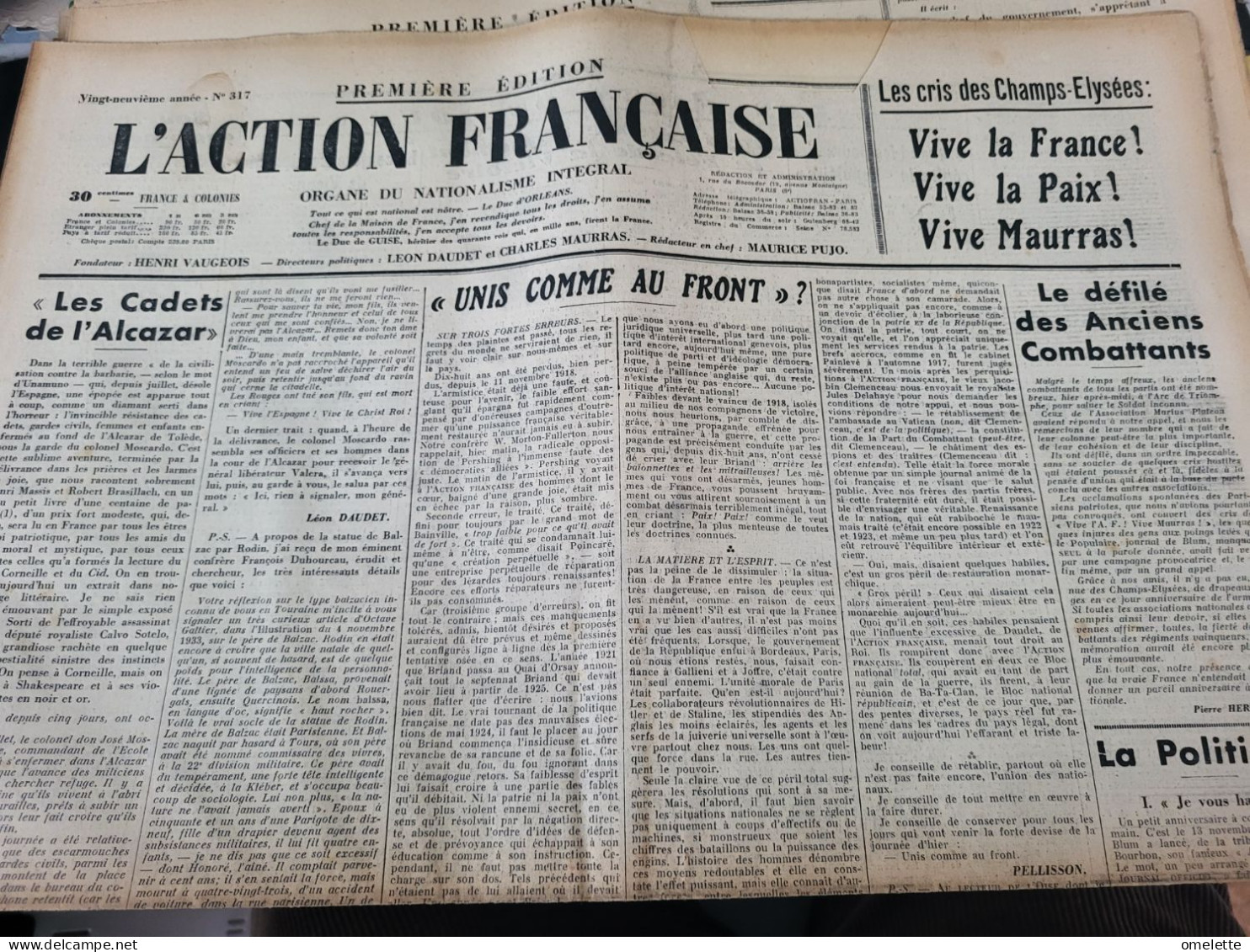 ACTION FRANCAISE 36/MAURRAS DAUDET /GUERRE ESPAGNE ALCAZAR/PELLISSON UNIS FRONT/PRISE MADRID - Altri & Non Classificati