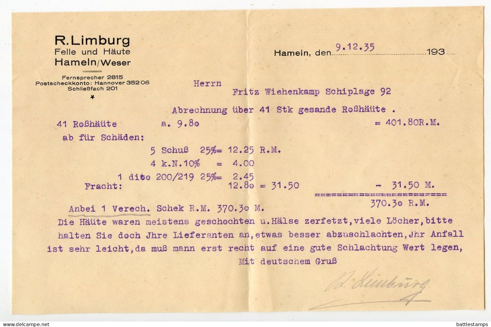 Germany 1935 Cover & Letter; Hameln - R. Limburg, Felle Und Häute To Schiplage; 6pf. Hindenburg, Pair - Briefe U. Dokumente