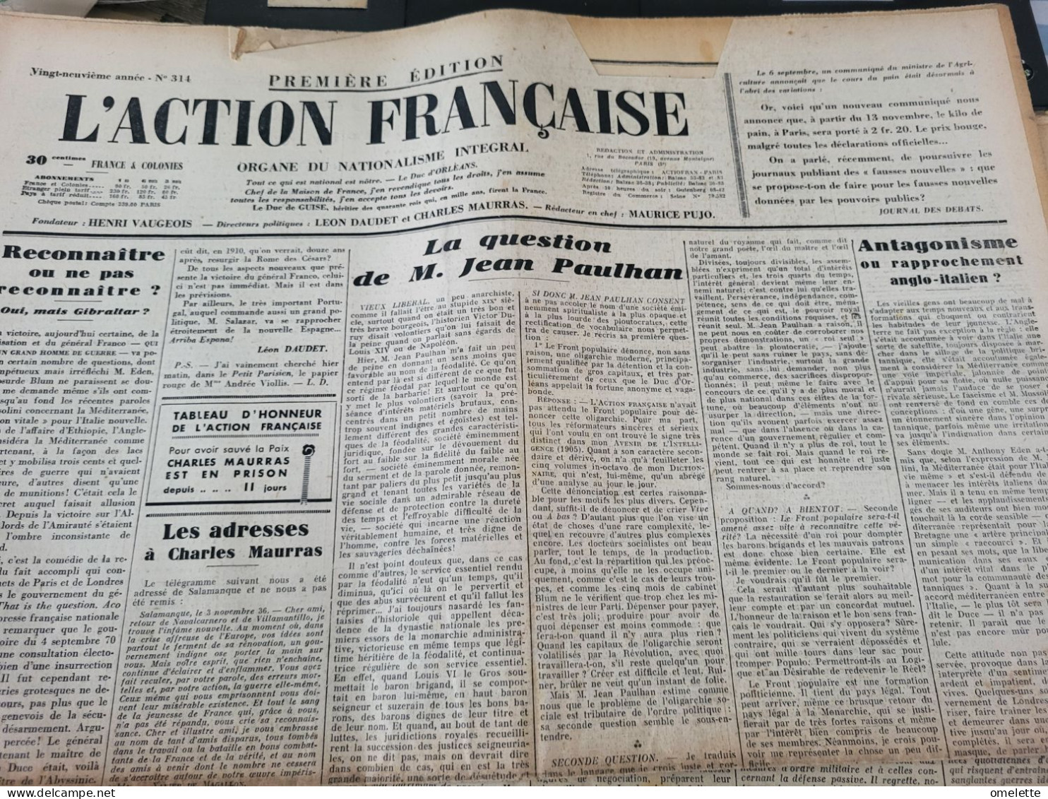 ACTION FRANCAISE 36/MAURRAS DAUDET/ VICTOIRE FRANCO /JEAN PAULHAN PELLISSON/  /ESPAGNE MADRID - Sonstige & Ohne Zuordnung