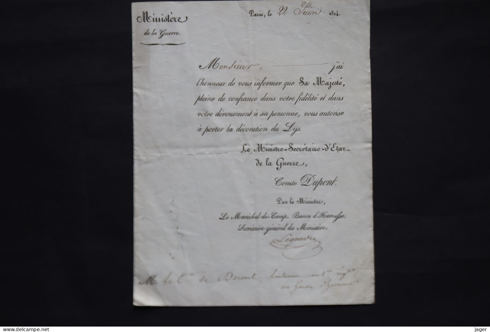 1814 Brevet Décoration Du LYS Pour Le Comte De Doisnel Lieutenant Au 1er Régiment Des Gardes D'honneur - Historical Documents