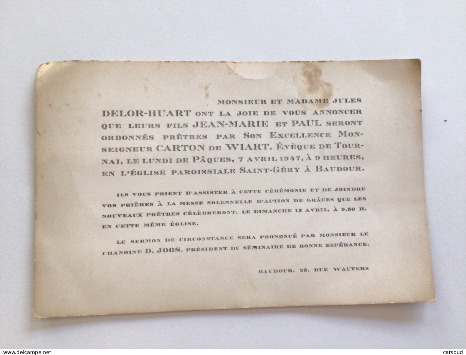 Ancien Faire-part Ordination Sacerdotale De Jean-Marie Et Paul Delor Par Monseigneur Carton De Wiart Évêque De Tournai - Sonstige & Ohne Zuordnung