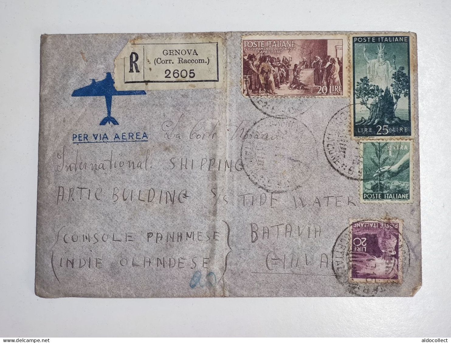 Lettera Raccomandata Via Aerea Da Genova Per Giava Indie Olandesi Del 1947 - Airmail