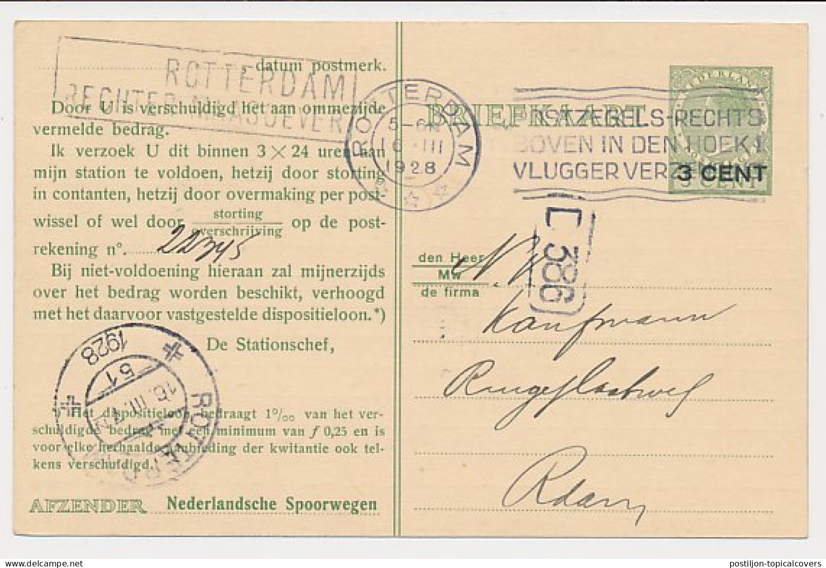 Spoorwegbriefkaart G. PNS216 G - Locaal Te Rotterdam 1928 - Postal Stationery