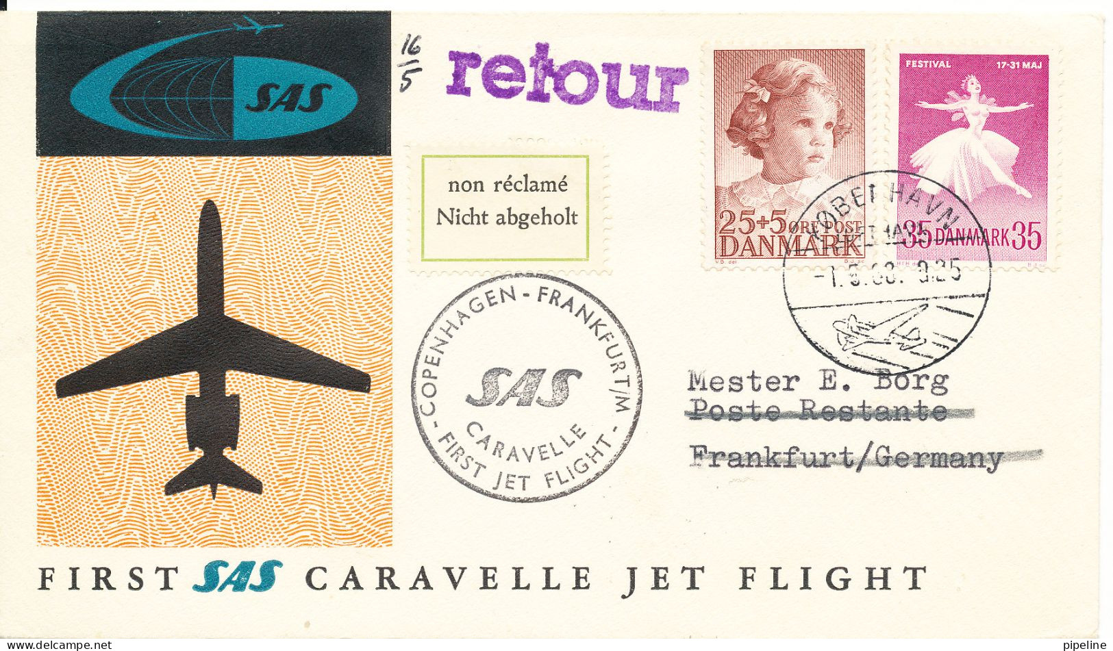 Denmark First SAS Caravelle Jet Flight Copenhagen - Frankfurt 1-5-1960 - Covers & Documents