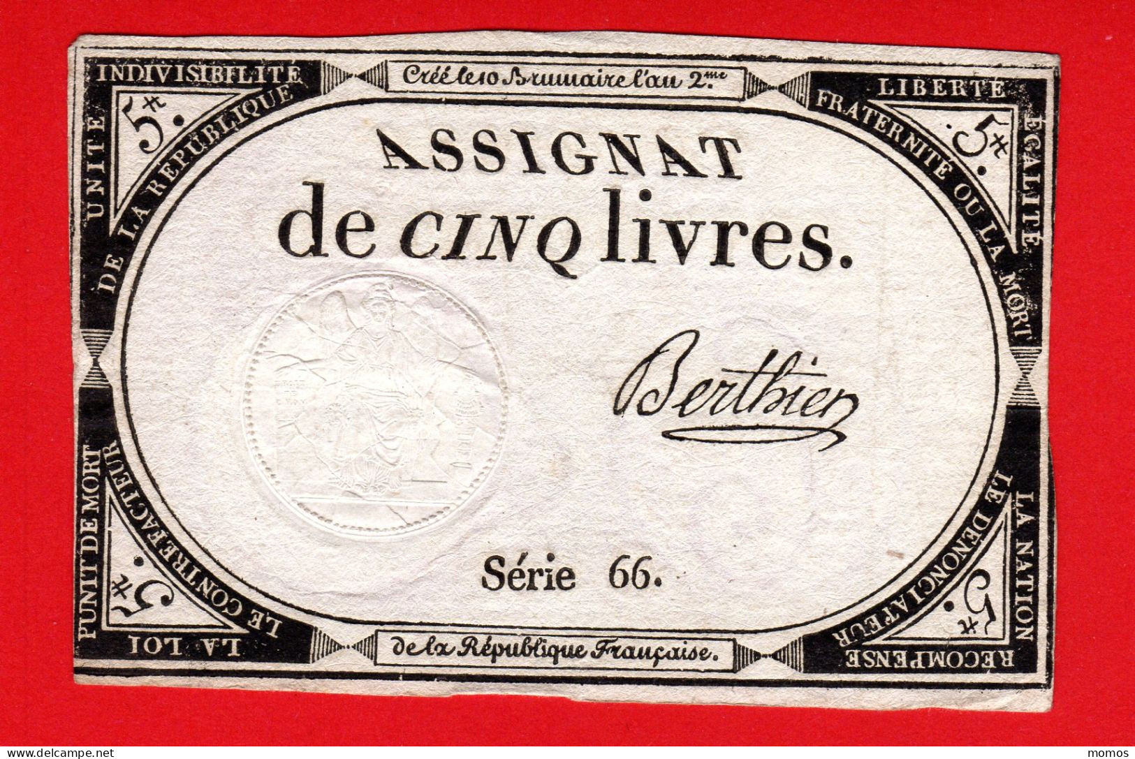 ASSIGNAT DE 5 LIVRES - 10 BRUMAIRE AN 2  (31 OCTOBRE 1793) - BERTHIER - REVOLUTION FRANCAISE  A - Assignats