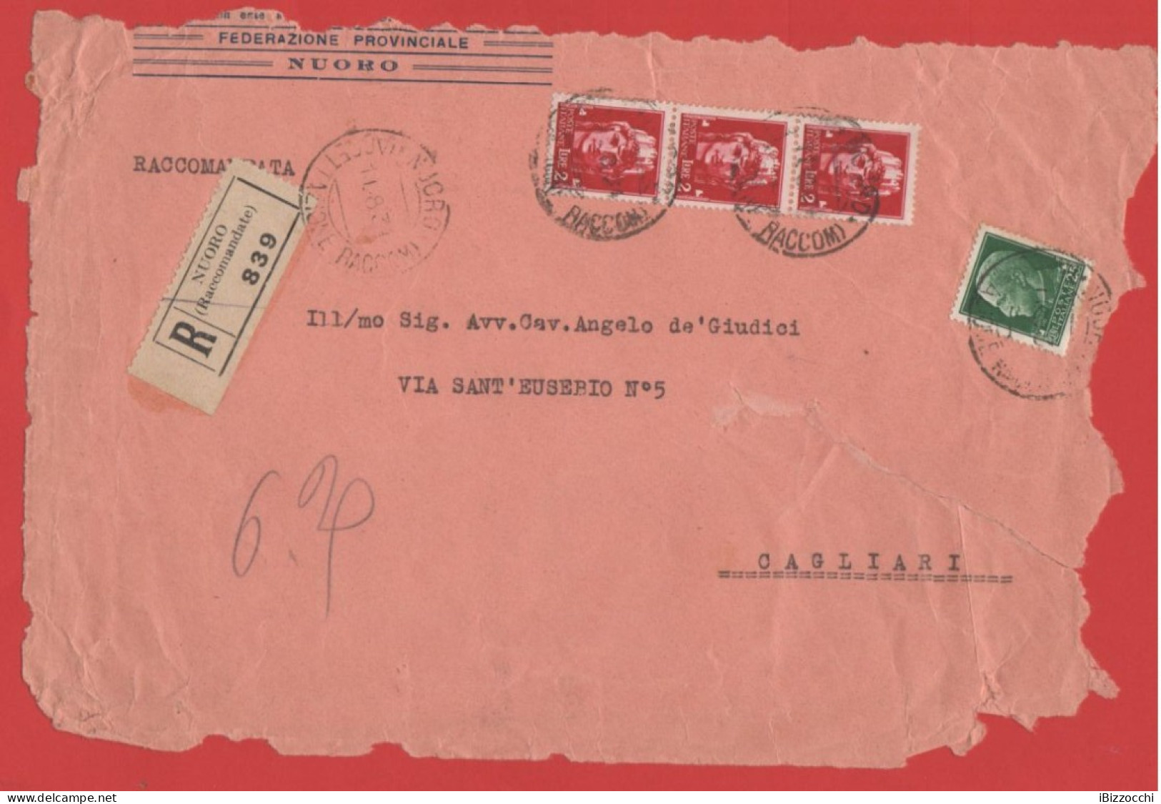 ITALIA - Storia Postale Regno - 1934 - 3x 2 + 25c Imperiale - Raccomandata - Grande Frammento - Viaggiata Da Nuoro Per C - Marcophilie