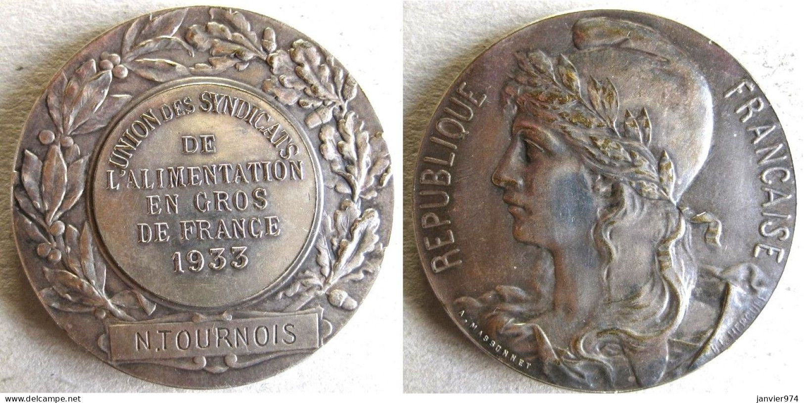 Médaille En Bronze Syndicats De L’Alimentation En Gros De France 1933 à N. Tournois Par B.L. HERCULE - Other & Unclassified