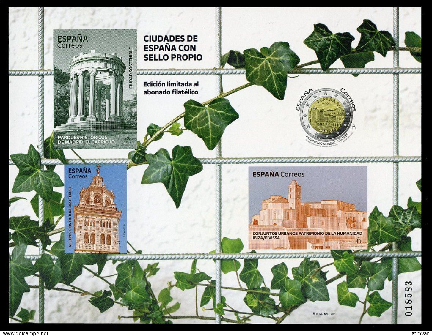 ESPAÑA (2023) Ciudades Con Sello Propio, Capricho, Patrimonio Ibiza, Cáceres EXFILNA Teruel, Grabado, Engraving, Gravure - Altri & Non Classificati