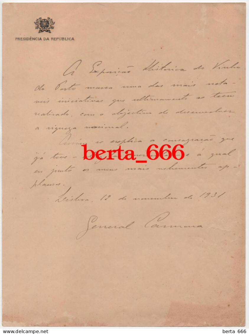 Presidência Da República * Carta Manuscrita E Assinada Por General Carmona * Exposição Histórica Do Vinho Do Porto 1931 - Historical Documents