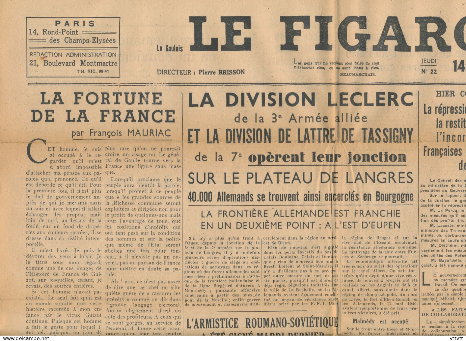 LE FIGARO, Jeudi 14 Septembre 1944, N° 22, Division Leclerc, De Lattre De Tassigny, Plateau De Langres, Collaboration... - Informations Générales