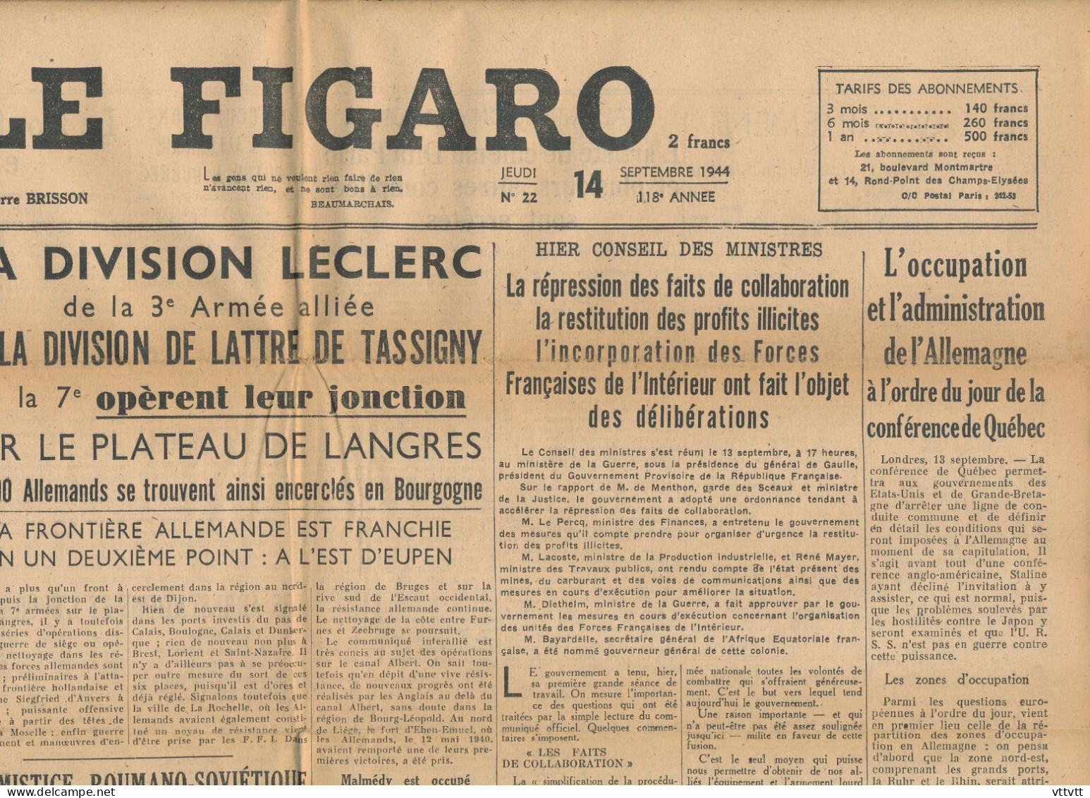 LE FIGARO, Jeudi 14 Septembre 1944, N° 22, Division Leclerc, De Lattre De Tassigny, Plateau De Langres, Collaboration... - Allgemeine Literatur