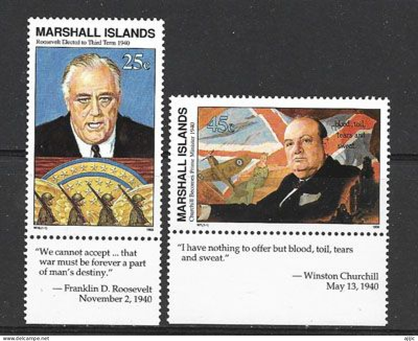 Les Grands Libérateurs : Winston Churchill & Franklin.D.Roosevelt.  2 Timbres Neufs ** Des îles Marshall - WW2 (II Guerra Mundial)