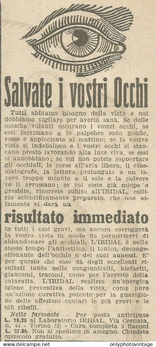 IRIDAL - Salvate I Vostri Occhi - Pubblicità 1925 - Advertising - Reclame