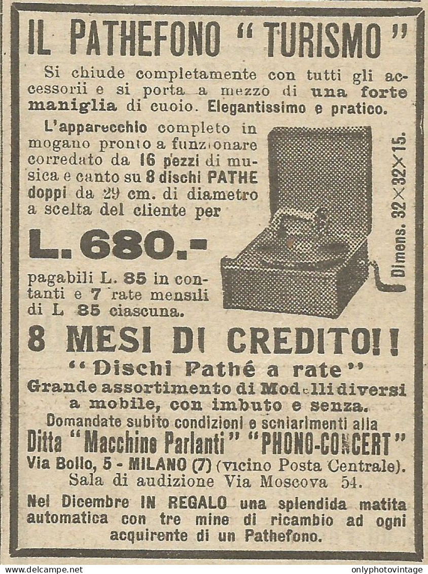 Il Pathefono TURISMO - Pubblicità 1924 - Advertising - Publicités