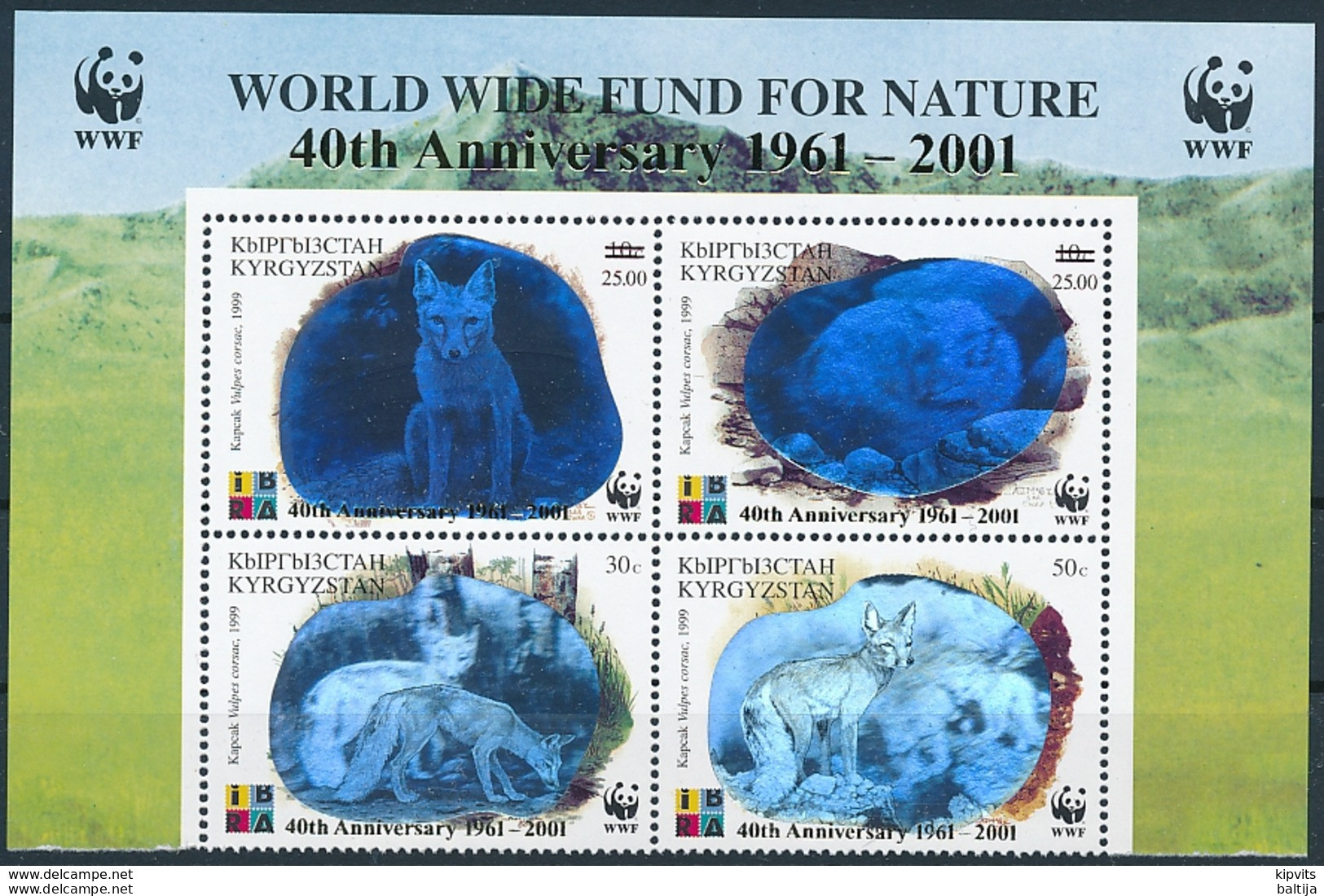 Mi 249-52 ** MNH WWF 40th Anniversary Corsac Fox Hologram Overprint Surcharge - Kirghizistan