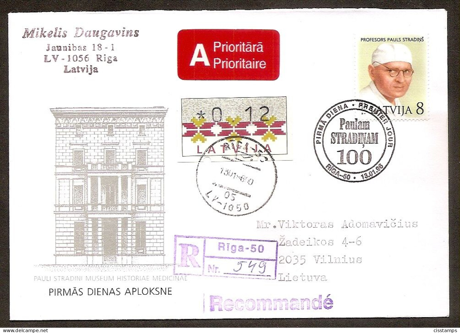 Latvia 1996●Profesor Medicine Stradins●Mi 420+ATM1 FDC R-Cover - Médecine