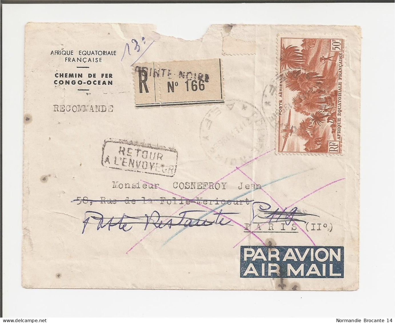 Lettre Recommandée AEF (Moyen Congo) Chemin De Fer Congo-Océan Pour Paris (Retour à L'envoyeur) Par Avion - Briefe U. Dokumente