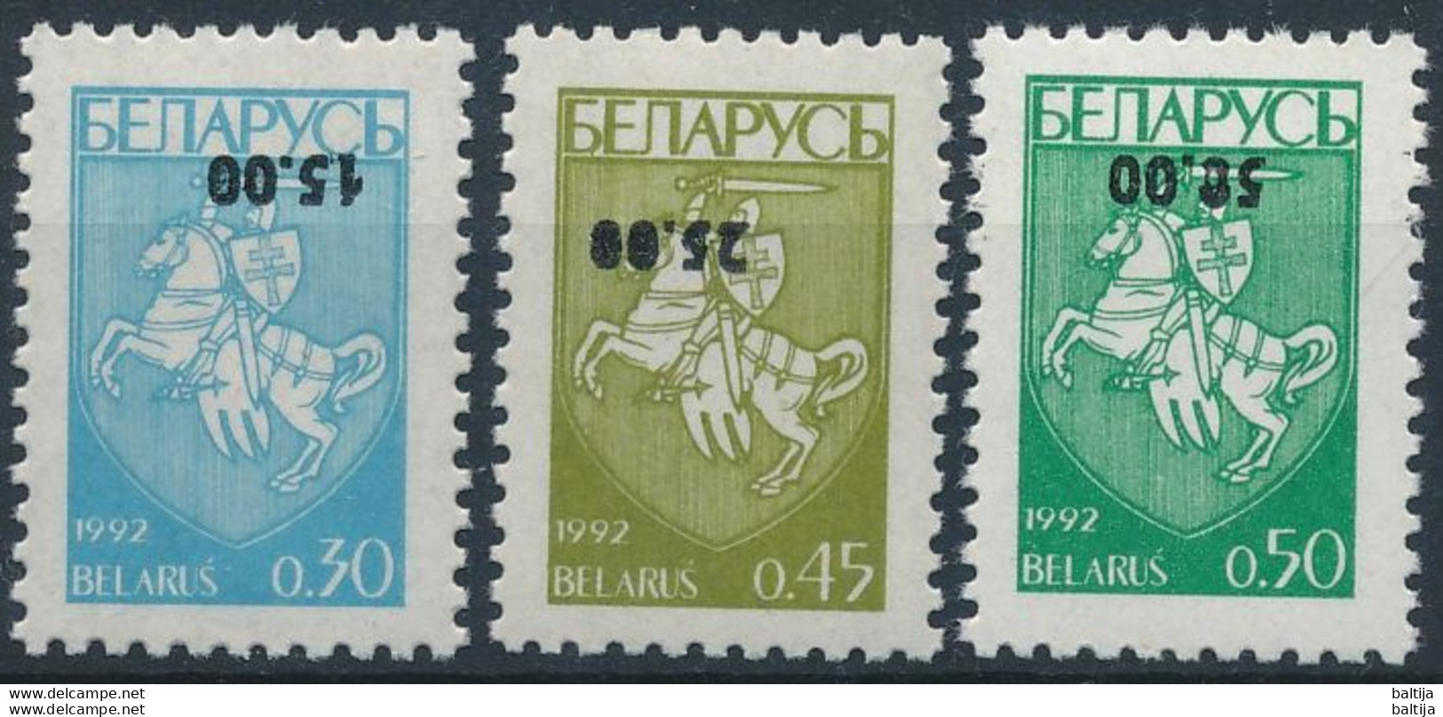 Mi 46-48 MNH ** Inverted Overprint / Standard, Definitives, Coat Of Arms, Knight - Belarus