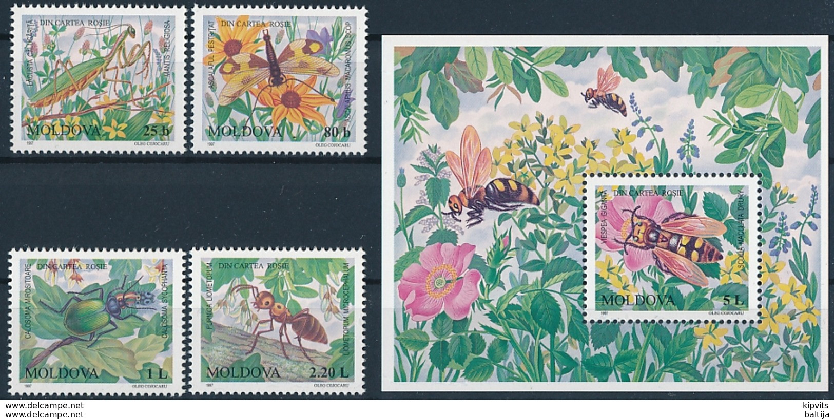 Mi 239-42 + Block 13 MNH ** / Insects - Praying Mantis, Owlfly, Beetle, Ant, Mammoth Wasp - Moldavie