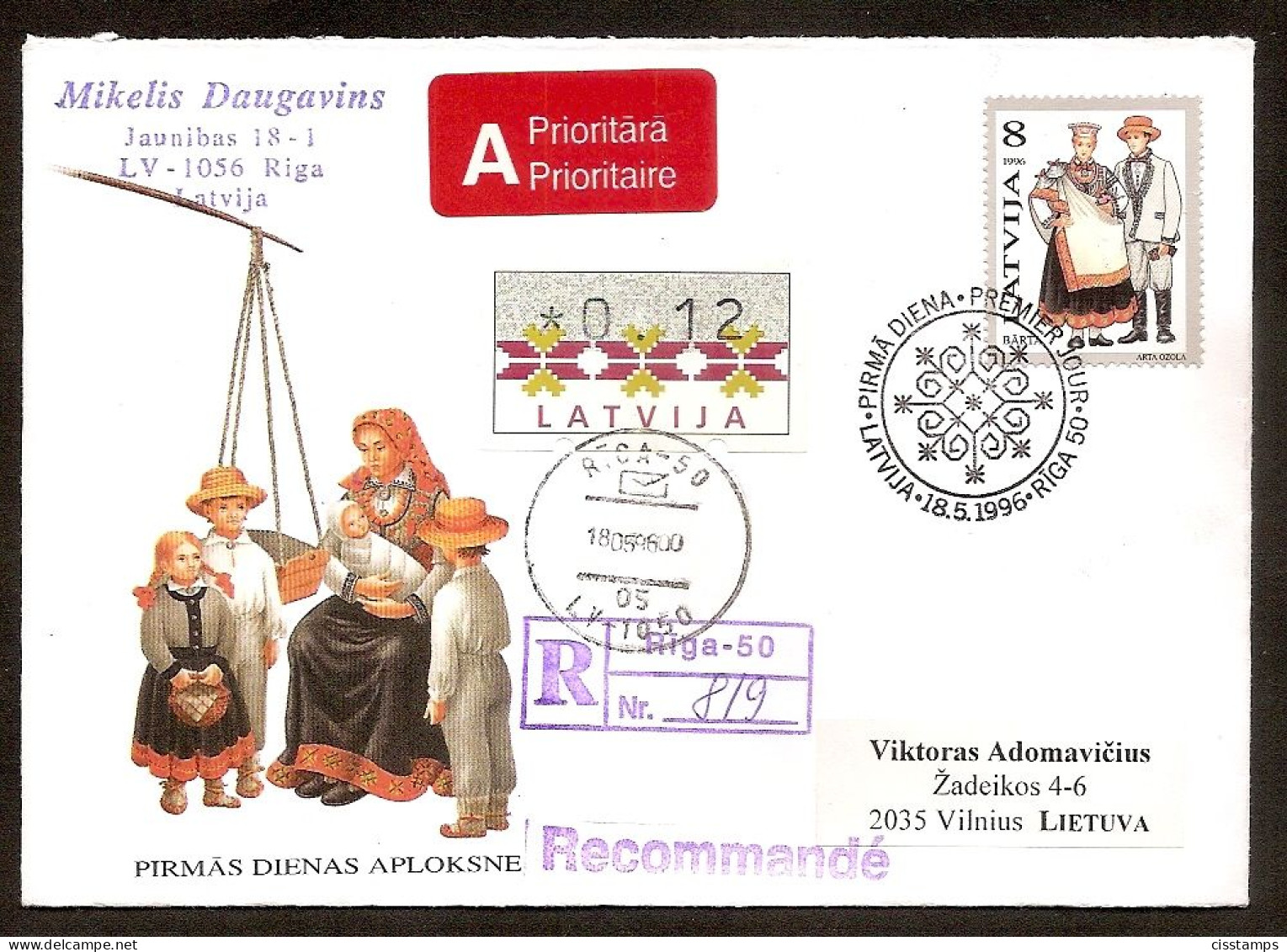 LATVIA 1996●Costumes●Mi424+ATM1 FDC R-Cover Sent To Lithuania - Lettonie