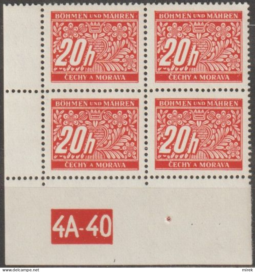 076a/ Pof. DL 3, Corner 4-block, Perforated Border, Plate Number 4A-40 - Neufs