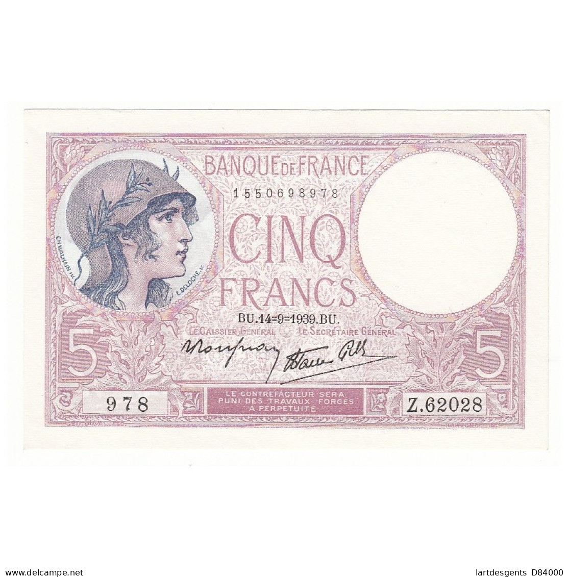 5 FRANCS VIOLET 14-09-1939  NEUF Fayette 4.8 - 5 F 1917-1940 ''Violet''