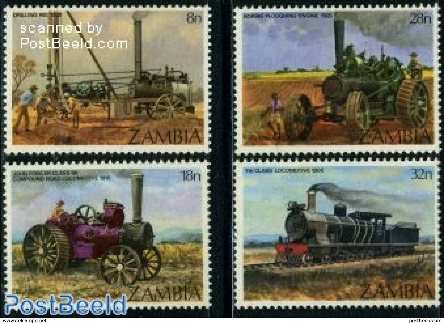 Zambia 1983 Steam Engines 4v, Mint NH, Transport - Various - Railways - Agriculture - Treinen