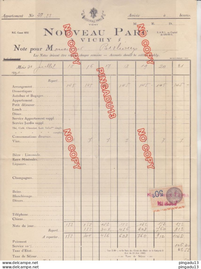 Fixe Vichy Allier Hôtel Nouveau Parc Séjour De M B... En Juillet 1930 Timbre Fiscal Très Bel Ensemble - 1900 – 1949