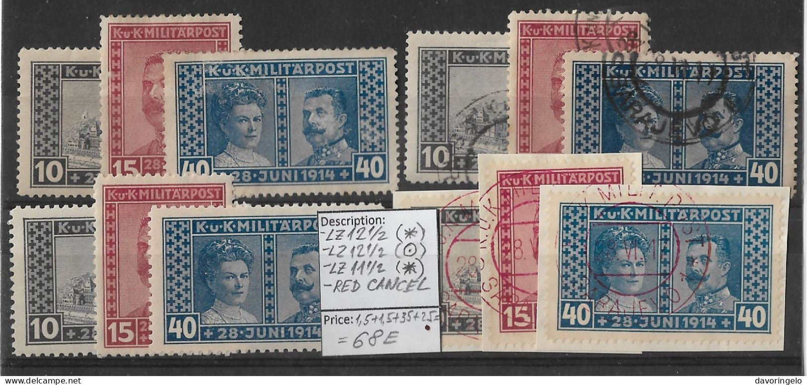 Bosnia-Herzegovina/Austria-Hungary, 1917, 4 SETS No 121-123: Perf. 12 1/2(*), 12 1/2(canc.), 11 1/2(*), SET RED CANC. - Bosnien-Herzegowina