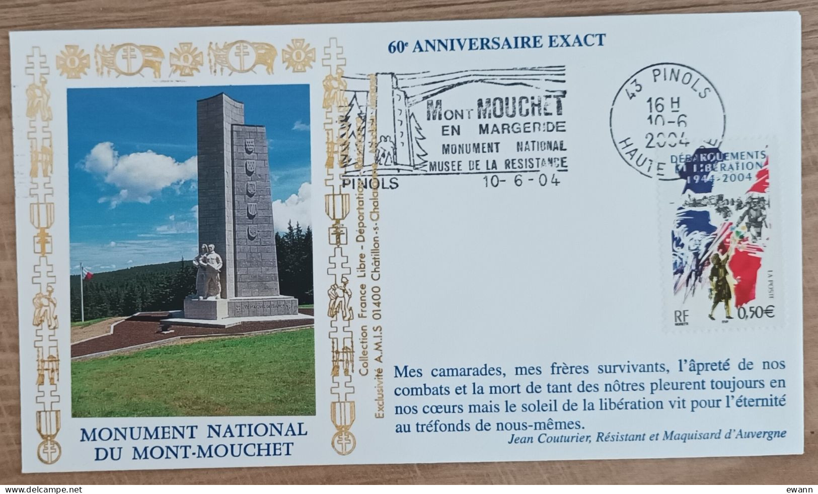 YT N°3675 - MONUMENT NATIONAL MONT MOUCHET EN MARGERIDE - PINOLS  - 2004 - Covers & Documents