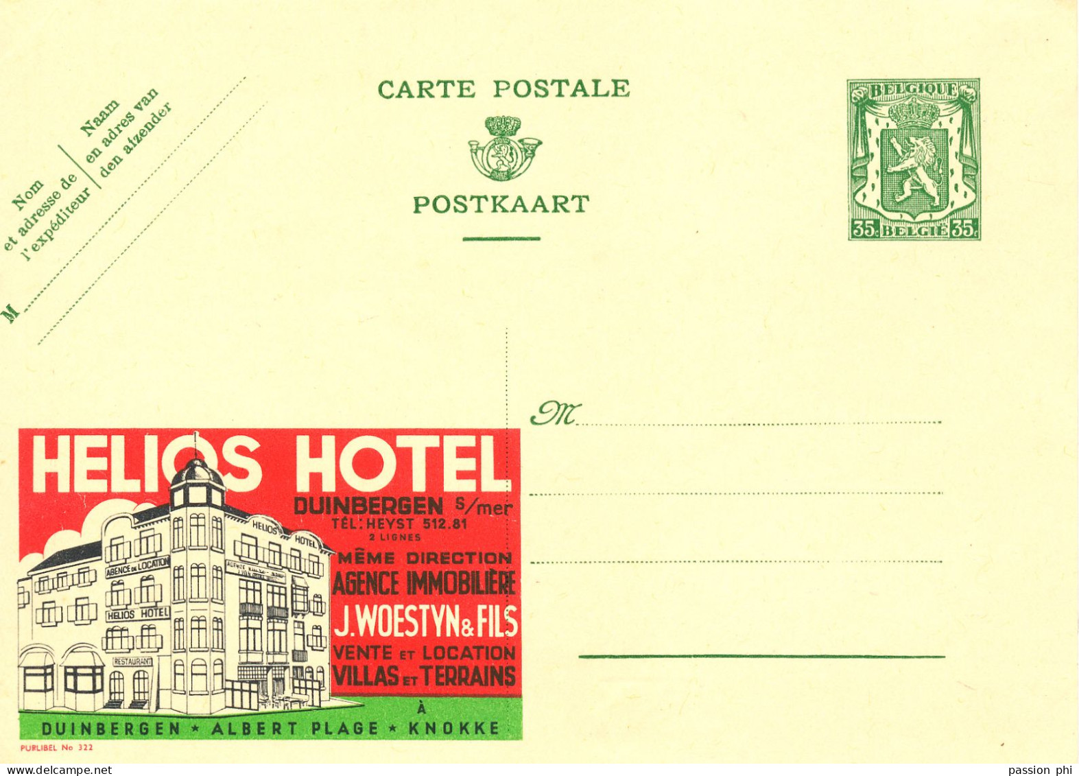 BELGIUM PPS  SBEP 6 PUBLIBEL 222 HELIOS HOTEL UNUSED - Publibels