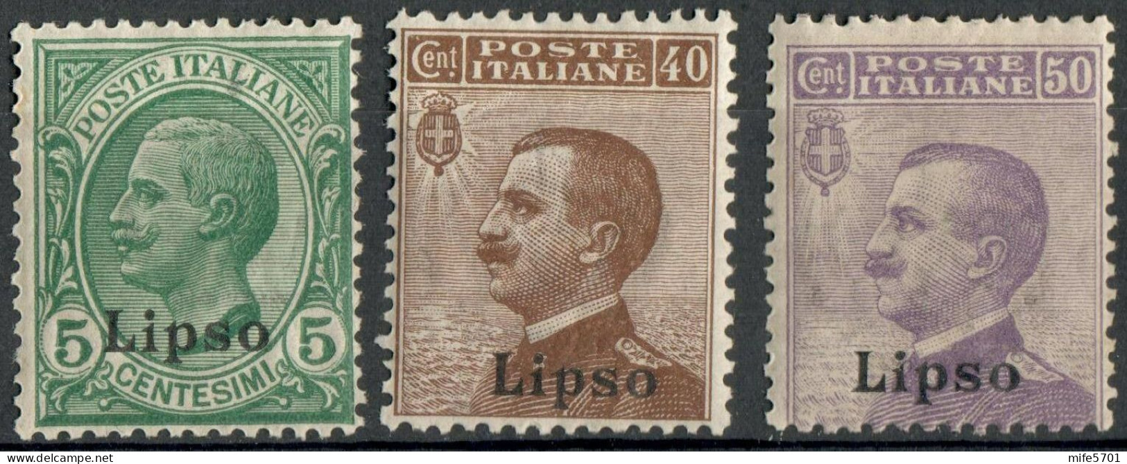 REGNO COLONIE EGEO LIPSO 1916 TRE FRANCOBOLLI C. 5 / C. 40 / C. 50 SOPRASTAMPATI 'LIPSO' NUOVI MNH ** SASSONE 2-6/7 - Egeo (Lipso)