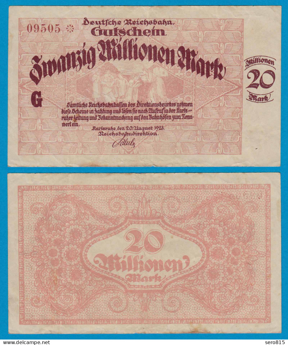 Reichsbahn Karlsruhe - 20 Millionen Mark Banknote 1923 VF   (19188 - Altri & Non Classificati