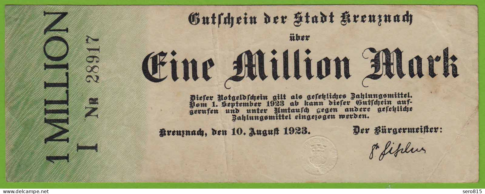 Kreuznach - 1-Million Mark 1923 Serie I Nr. 5-stellig Kl.Pägestempel F/VF - Autres & Non Classés