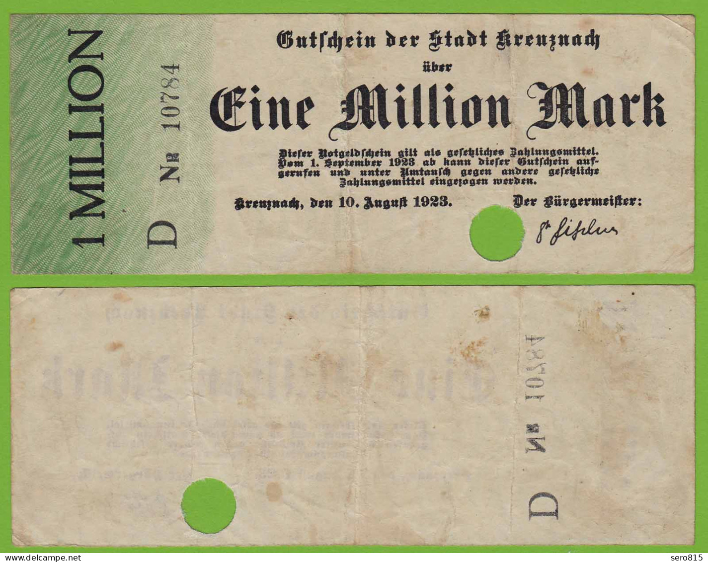 Kreuznach -  Notgeld 1-Million Mark 1923 Serie D Nr. 5-stellig F (19551 - Other & Unclassified