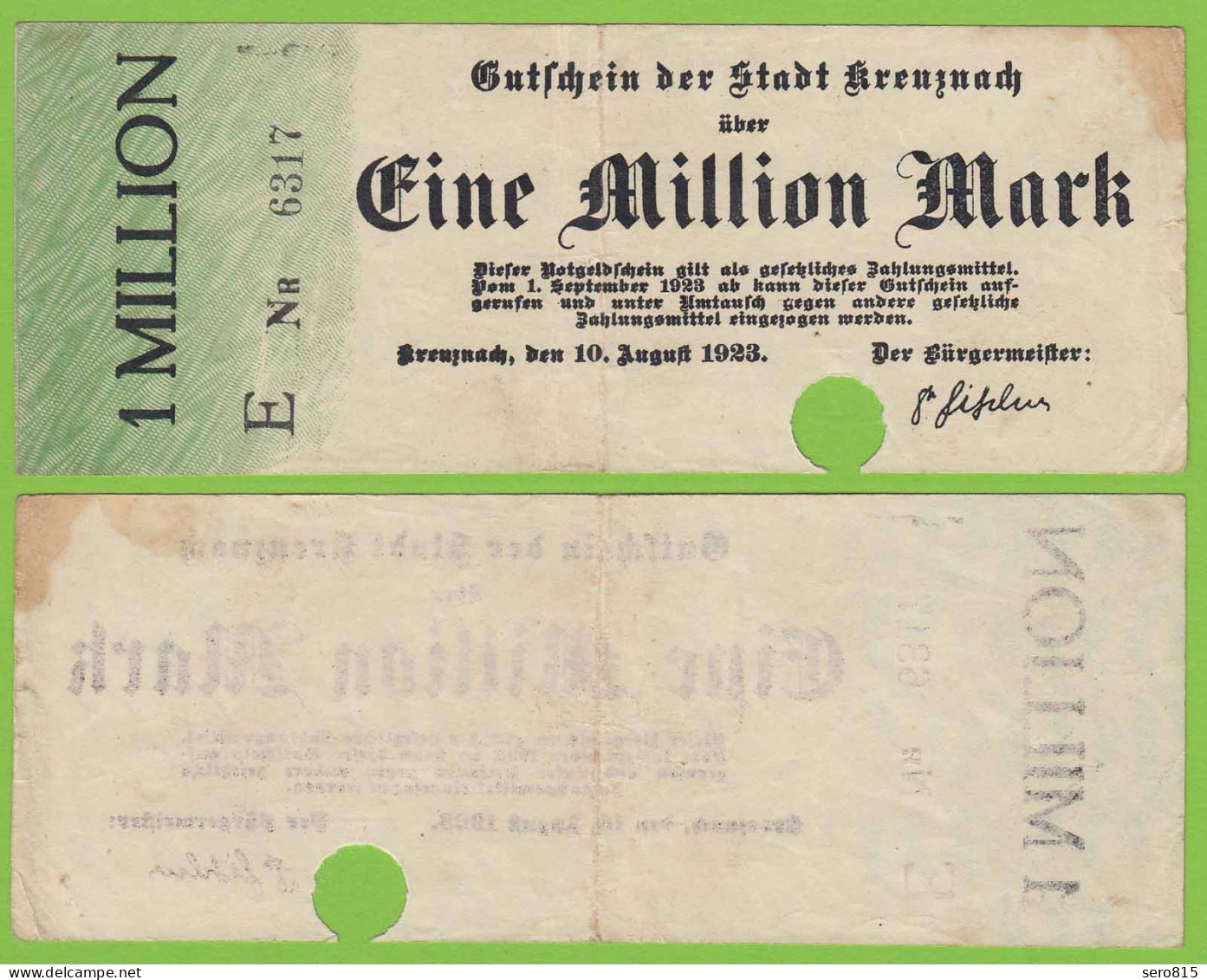 Kreuznach -  Notgeld 1-Million Mark 1923 Serie E Nr. 4-stellig F (19552 - Other & Unclassified